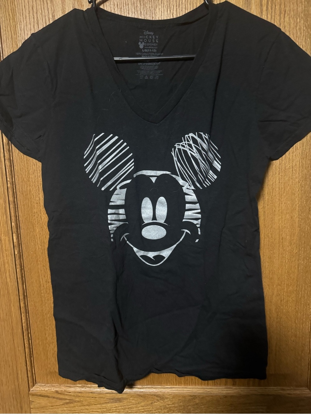 Disney Black V-Neck Tee with Silver Mickey Face